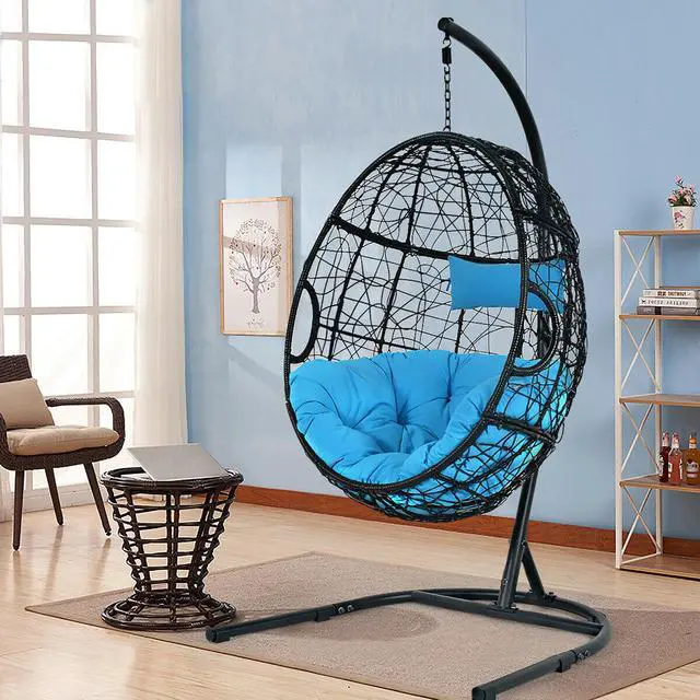 Alt view image 4 of 7 - Hammock Chair with Stand Hanging Cushioned Swing Egg Chair for Indoor Blue