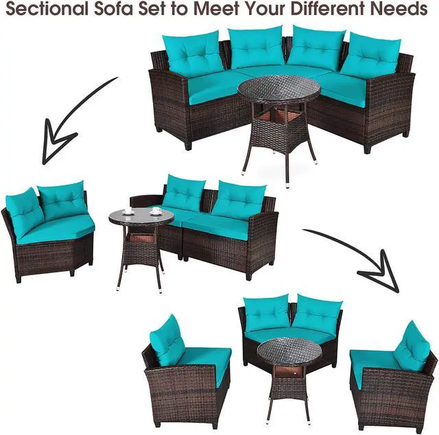 Alt view image 3 of 7 - Costway 4PCS Outdoor Patio Rattan Furniture Set Cushioned Sofa Table Turquoise