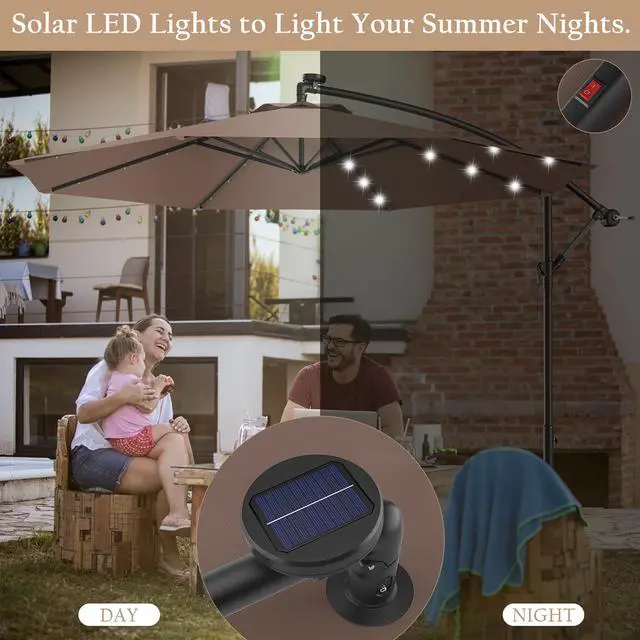 Alt view image 5 of 7 - Costway 10' Hanging Solar LED Umbrella Patio Garden Sun Shade Offset Market W/Base Tan