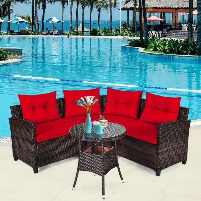Alt view image 2 of 7 - Costway 4PCS Outdoor Patio Rattan Furniture Set Cushioned Sofa Table Red
