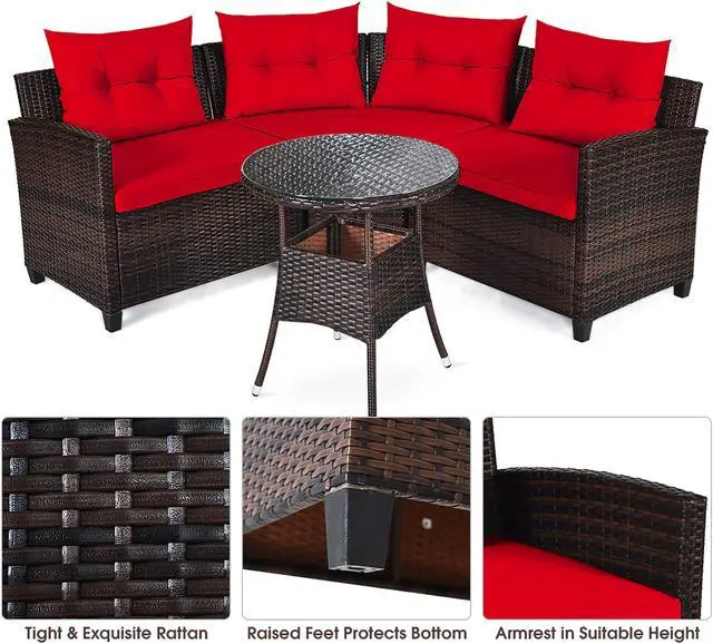 Alt view image 7 of 7 - Costway 4PCS Outdoor Patio Rattan Furniture Set Cushioned Sofa Table Red