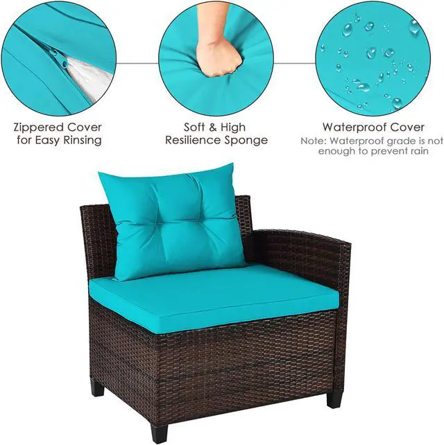 Alt view image 5 of 7 - Costway 4PCS Outdoor Patio Rattan Furniture Set Cushioned Sofa Table Turquoise