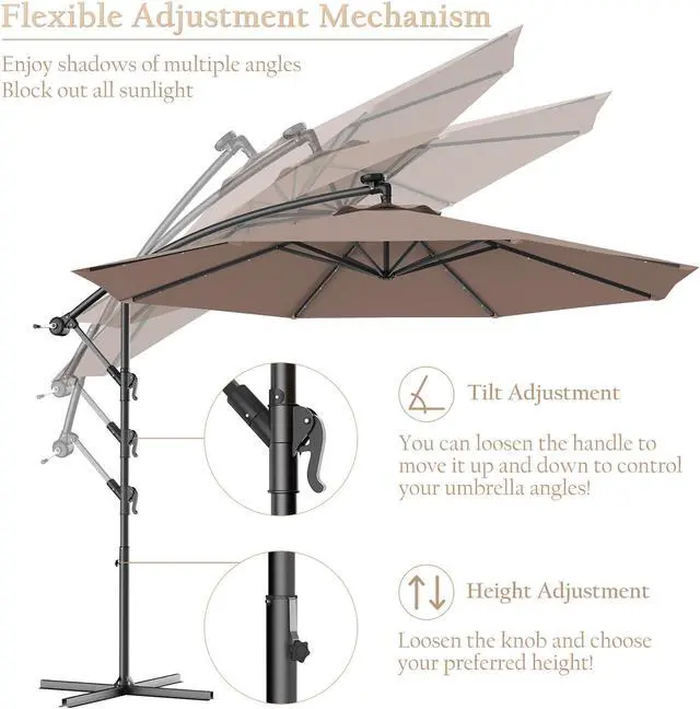 Alt view image 6 of 7 - Costway 10' Hanging Solar LED Umbrella Patio Garden Sun Shade Offset Market W/Base Tan