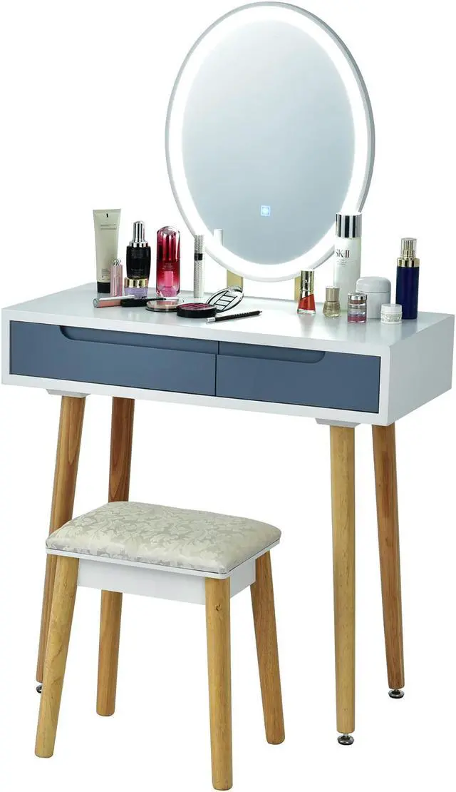 Alt view image 4 of 6 - Costway Vanity Makeup Table Touch Screen 3 Lighting Modes Dressing Table Stool Set Gray