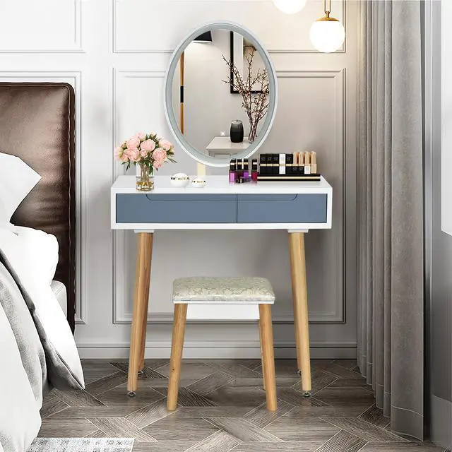 Alt view image 2 of 6 - Costway Vanity Makeup Table Touch Screen 3 Lighting Modes Dressing Table Stool Set Gray