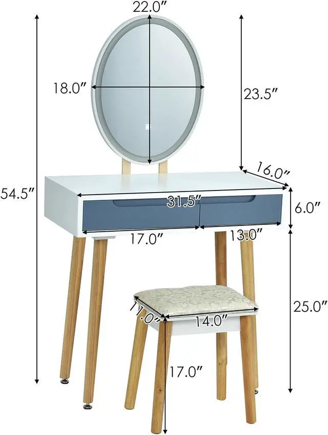 Alt view image 3 of 6 - Costway Vanity Makeup Table Touch Screen 3 Lighting Modes Dressing Table Stool Set Gray
