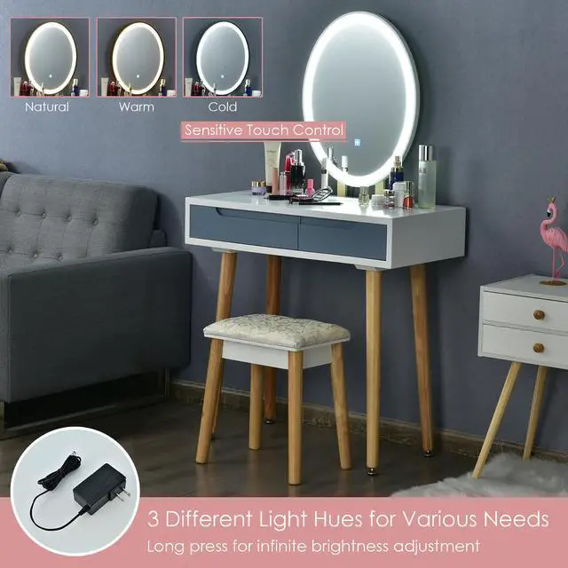 Alt view image 5 of 6 - Costway Vanity Makeup Table Touch Screen 3 Lighting Modes Dressing Table Stool Set Gray