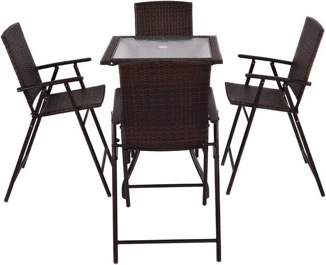 Alt view image 4 of 7 - Costway 5PC Rattan Patio Furniture Set 4 Bar Stool Folding Chair and Bar Table W/Glass Top