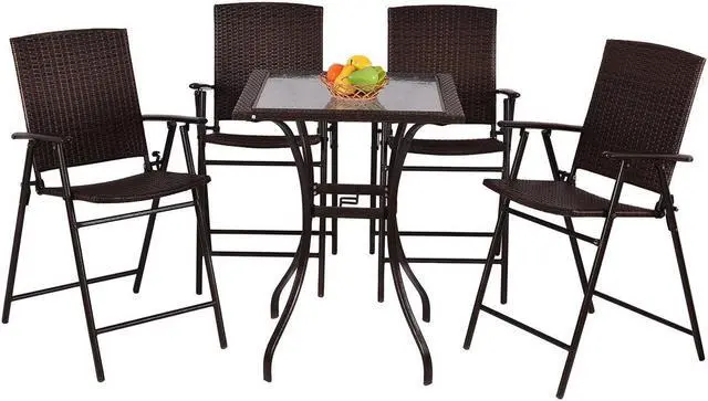 Alt view image 3 of 7 - Costway 5PC Rattan Patio Furniture Set 4 Bar Stool Folding Chair and Bar Table W/Glass Top