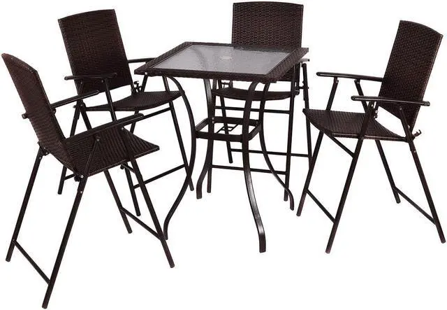 Alt view image 2 of 7 - Costway 5PC Rattan Patio Furniture Set 4 Bar Stool Folding Chair and Bar Table W/Glass Top