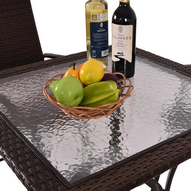 Alt view image 7 of 7 - Costway 5PC Rattan Patio Furniture Set 4 Bar Stool Folding Chair and Bar Table W/Glass Top