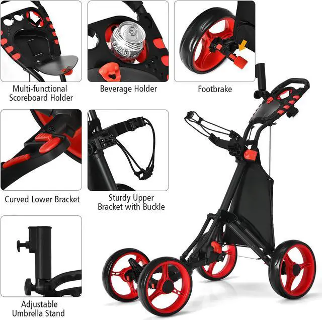 Alt view image 2 of 7 - Goplus Folding 4 Wheels Golf Push Cart W/Bag Scoreboard Adjustable Handle Red