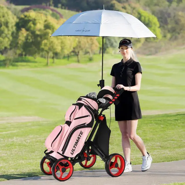 Alt view image 7 of 7 - Goplus Folding 4 Wheels Golf Push Cart W/Bag Scoreboard Adjustable Handle Red