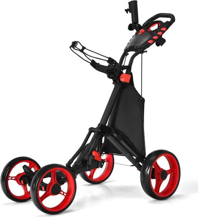 Main image of Goplus Folding 4 Wheels Golf Push Cart W/Bag Scoreboard Adjustable Handle Red