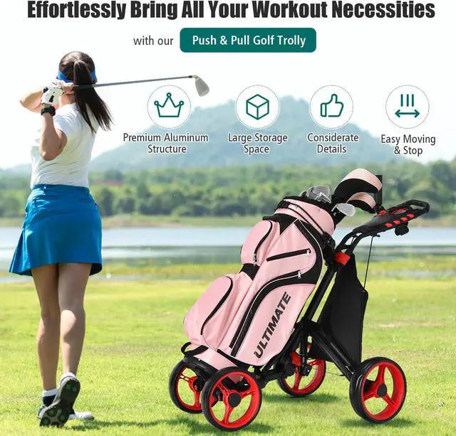 Alt view image 3 of 7 - Goplus Folding 4 Wheels Golf Push Cart W/Bag Scoreboard Adjustable Handle Red