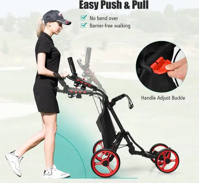 Alt view image 4 of 7 - Goplus Folding 4 Wheels Golf Push Cart W/Bag Scoreboard Adjustable Handle Red