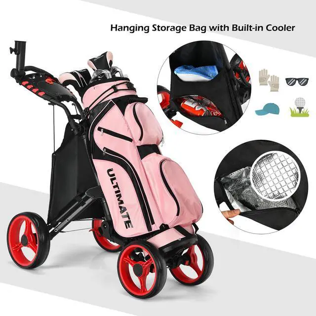 Alt view image 5 of 7 - Goplus Folding 4 Wheels Golf Push Cart W/Bag Scoreboard Adjustable Handle Red