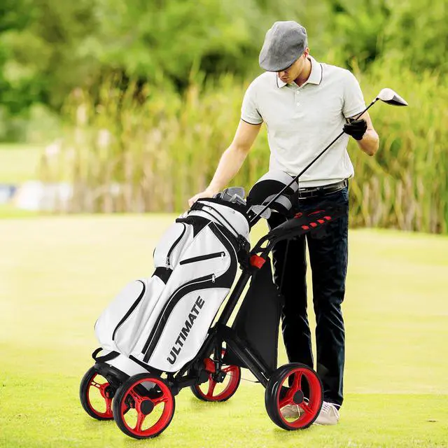 Alt view image 6 of 7 - Goplus Folding 4 Wheels Golf Push Cart W/Bag Scoreboard Adjustable Handle Red
