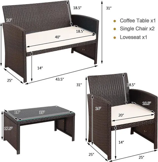 Alt view image 3 of 7 - Costway 4PCS Patio Rattan Furniture Set Cushioned Chair Sofa Coffee Table White
