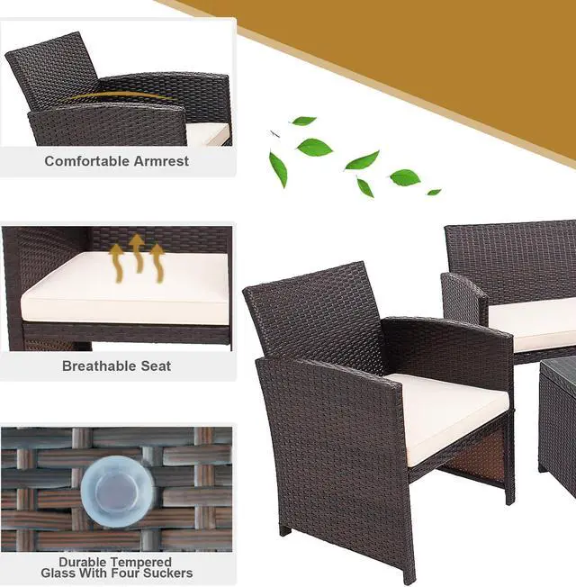 Alt view image 7 of 7 - Costway 4PCS Patio Rattan Furniture Set Cushioned Chair Sofa Coffee Table White
