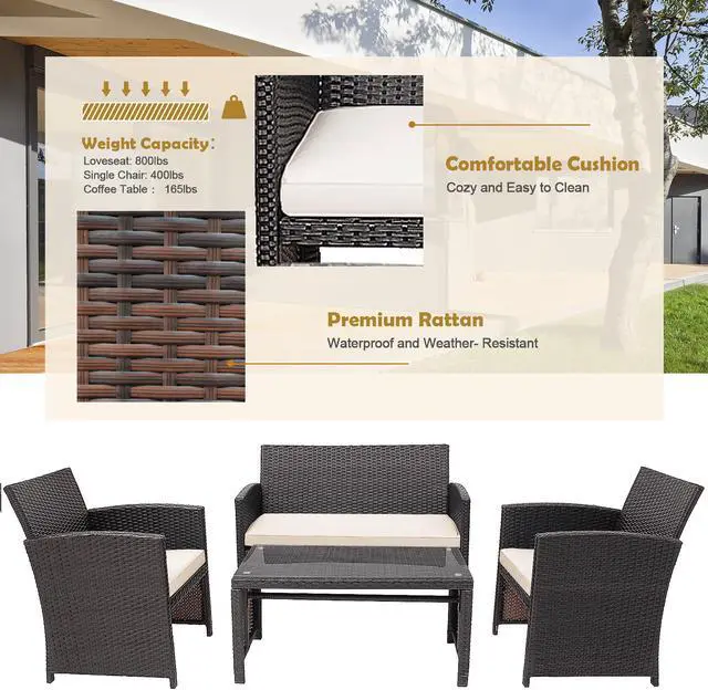 Alt view image 6 of 7 - Costway 4PCS Patio Rattan Furniture Set Cushioned Chair Sofa Coffee Table White