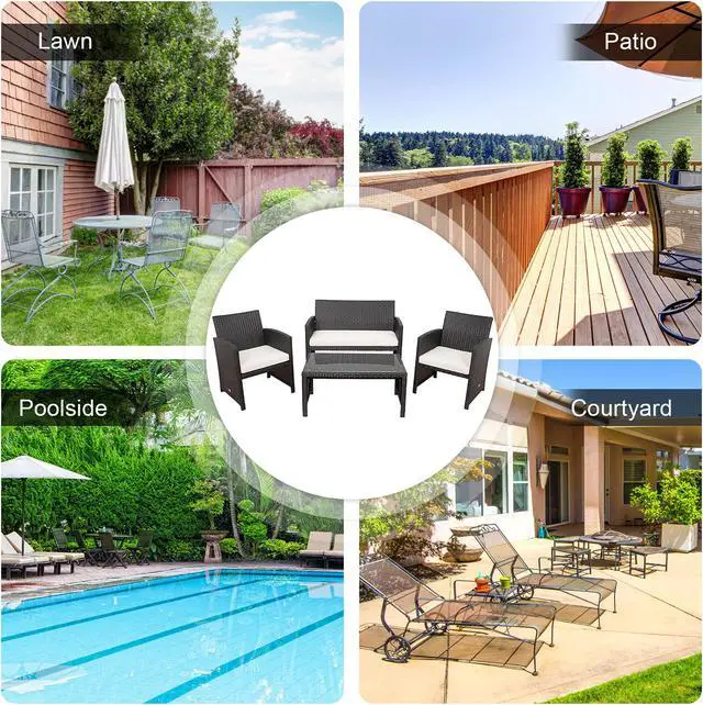 Alt view image 4 of 7 - Costway 4PCS Patio Rattan Furniture Set Cushioned Chair Sofa Coffee Table White