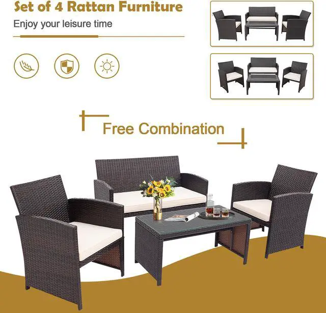 Alt view image 5 of 7 - Costway 4PCS Patio Rattan Furniture Set Cushioned Chair Sofa Coffee Table White