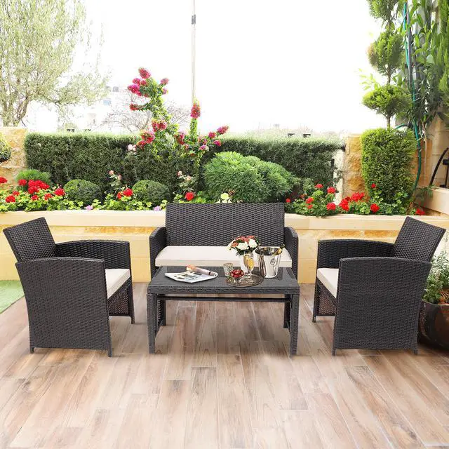 Alt view image 2 of 7 - Costway 4PCS Patio Rattan Furniture Set Cushioned Chair Sofa Coffee Table White