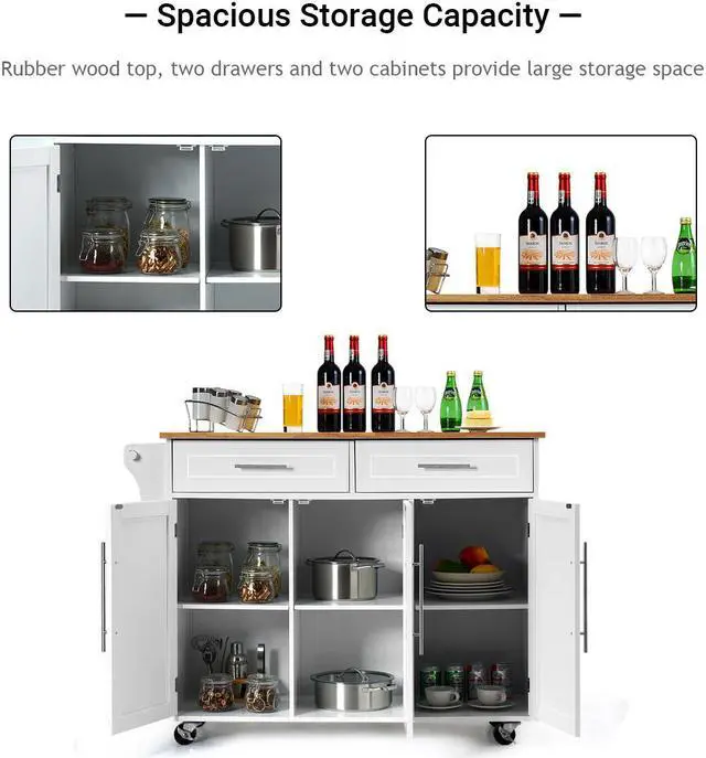 Alt view image 7 of 7 - Costway Kitchen Island Trolley Cart Wood Top Rolling Storage Cabinet w/Knife Block White