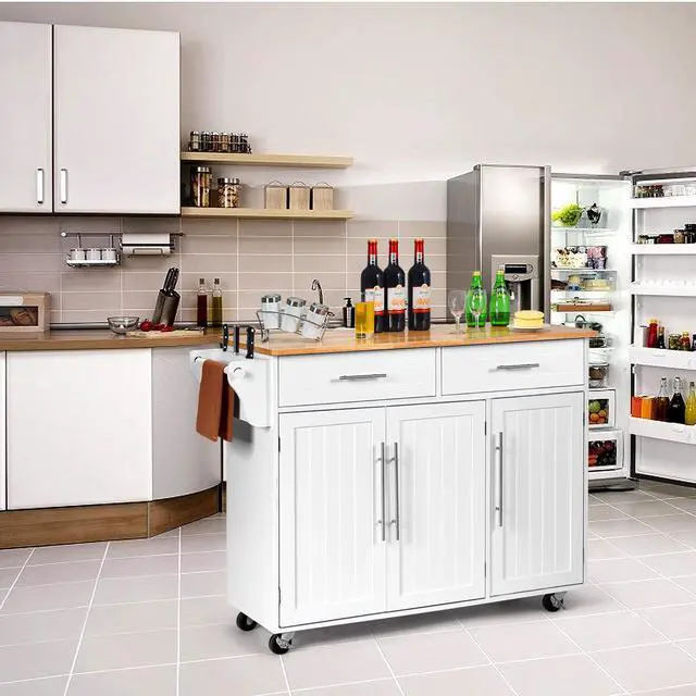 Alt view image 3 of 7 - Costway Kitchen Island Trolley Cart Wood Top Rolling Storage Cabinet w/Knife Block White
