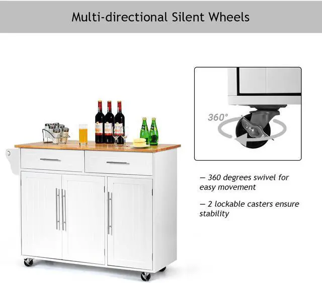 Alt view image 6 of 7 - Costway Kitchen Island Trolley Cart Wood Top Rolling Storage Cabinet w/Knife Block White