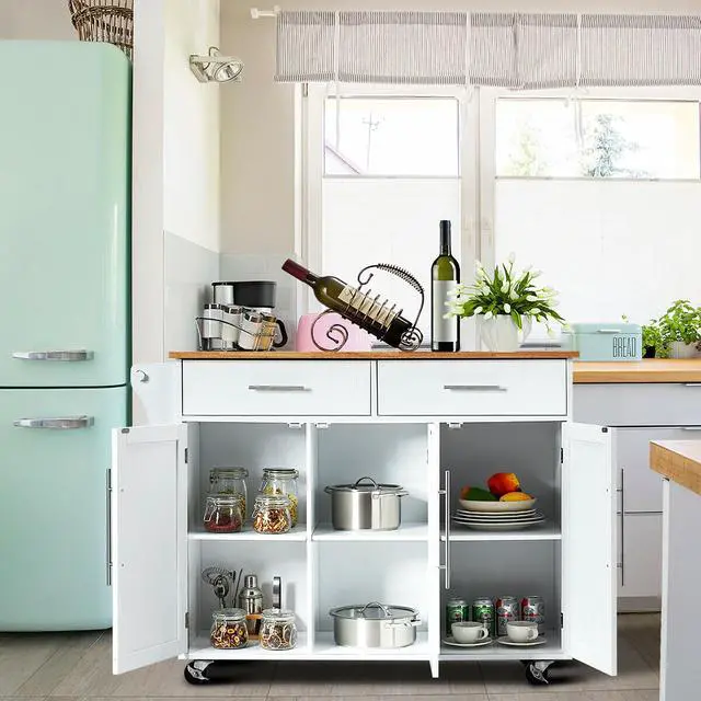Alt view image 4 of 7 - Costway Kitchen Island Trolley Cart Wood Top Rolling Storage Cabinet w/Knife Block White