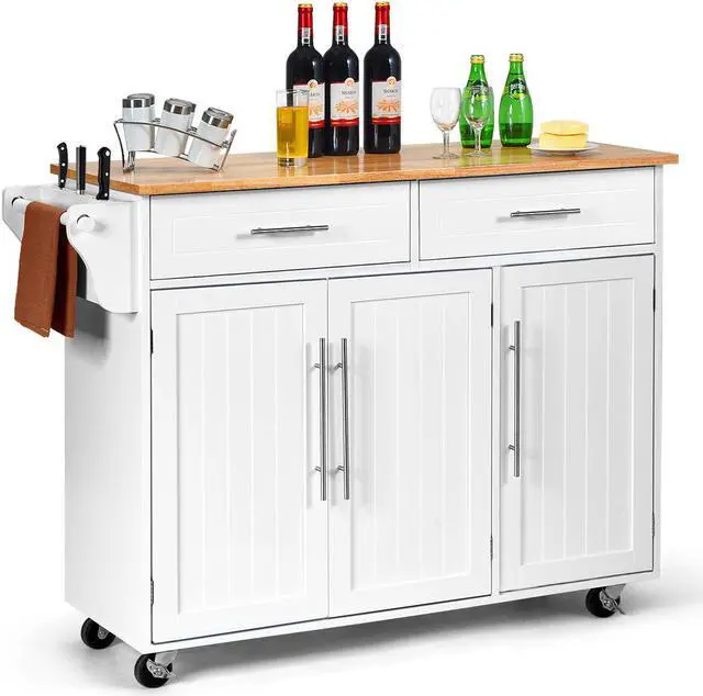 Main image of Costway Kitchen Island Trolley Cart Wood Top Rolling Storage Cabinet w/Knife Block White