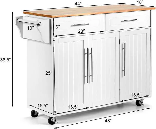 Alt view image 2 of 7 - Costway Kitchen Island Trolley Cart Wood Top Rolling Storage Cabinet w/Knife Block White