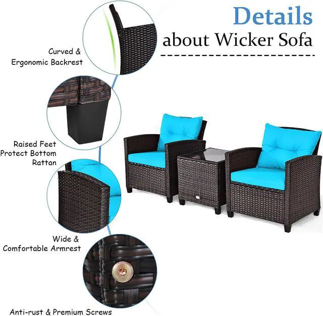 Alt view image 7 of 7 - Costway 3PCS Patio Rattan Furniture Set Cushioned Conversation Set Sofa Turquoise