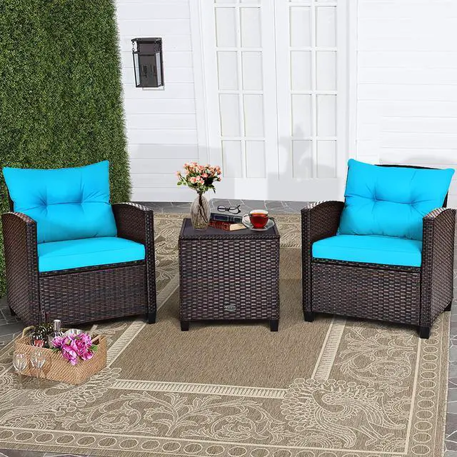 Main image of Costway 3PCS Patio Rattan Furniture Set Cushioned Conversation Set Sofa Turquoise