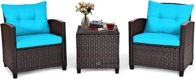 Alt view image 4 of 7 - Costway 3PCS Patio Rattan Furniture Set Cushioned Conversation Set Sofa Turquoise