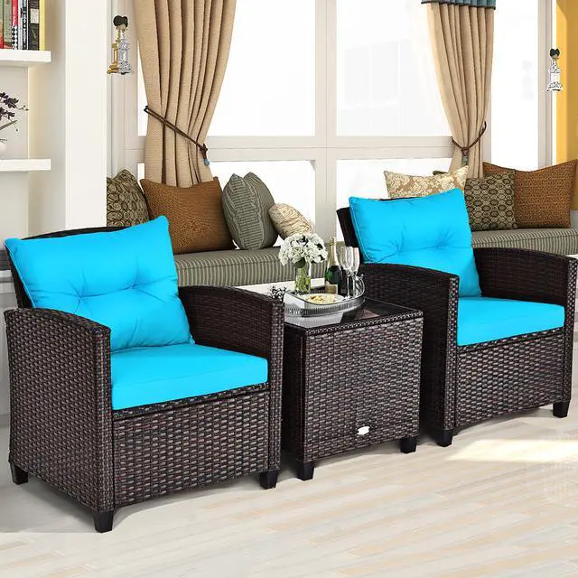 Alt view image 3 of 7 - Costway 3PCS Patio Rattan Furniture Set Cushioned Conversation Set Sofa Turquoise