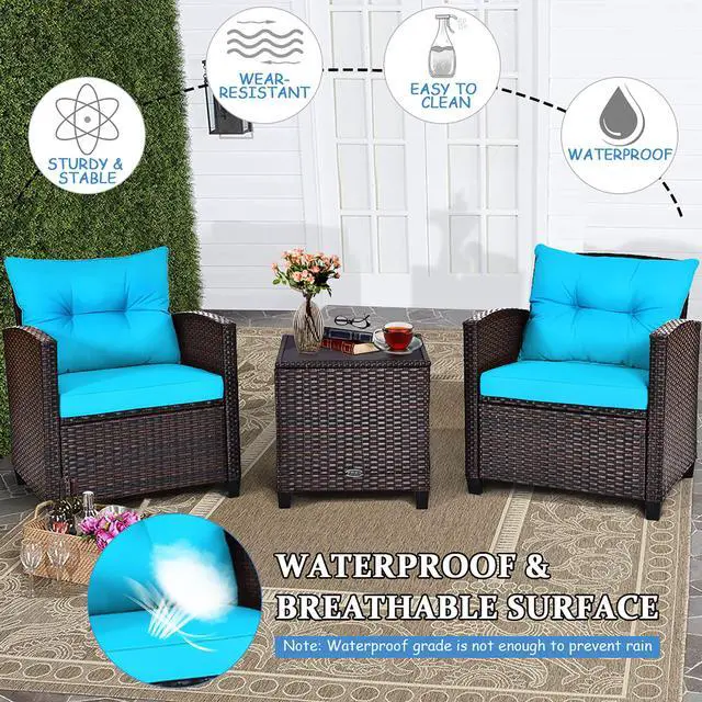Alt view image 6 of 7 - Costway 3PCS Patio Rattan Furniture Set Cushioned Conversation Set Sofa Turquoise