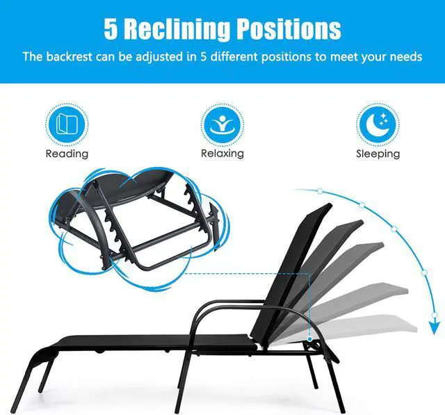 Alt view image 5 of 7 - Costway Set of 2 Patio Lounge Chairs Sling Chaise Lounge Recliner Adjustable