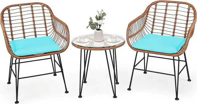Alt view image 4 of 7 - Costway 3PCS Patio Rattan Bistro Set Table Armchair Garden Turquoise Cushion