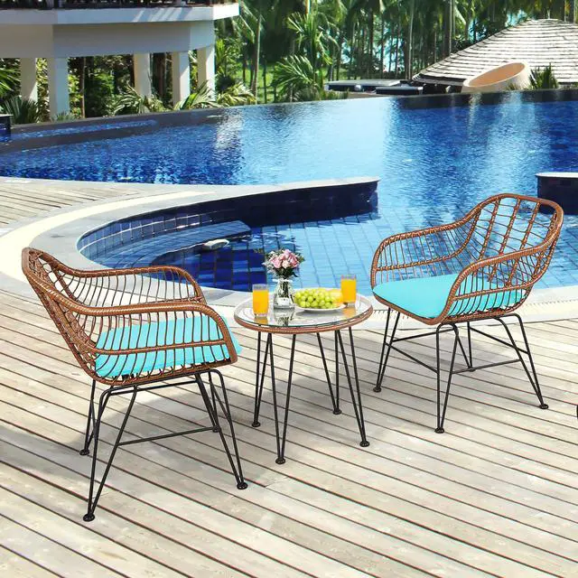 Alt view image 2 of 7 - Costway 3PCS Patio Rattan Bistro Set Table Armchair Garden Turquoise Cushion