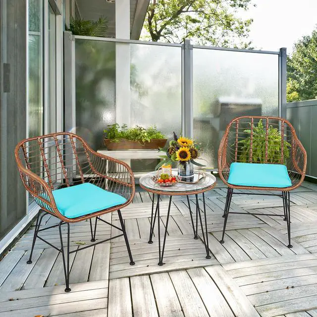 Main image of Costway 3PCS Patio Rattan Bistro Set Table Armchair Garden Turquoise Cushion