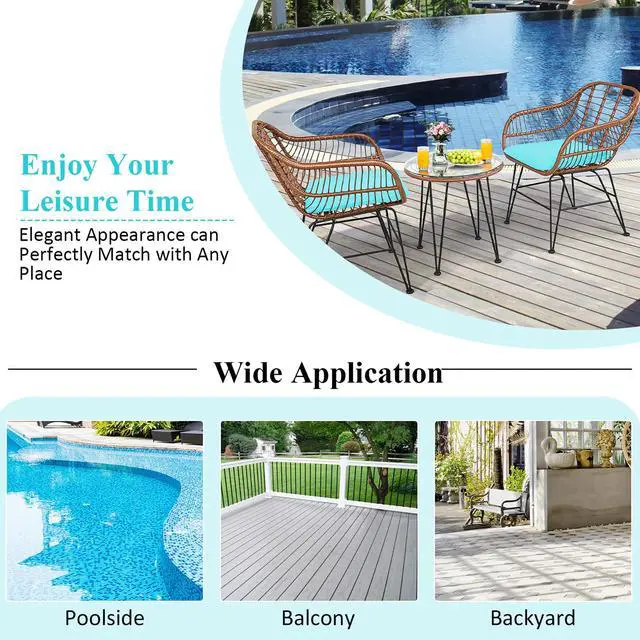 Alt view image 7 of 7 - Costway 3PCS Patio Rattan Bistro Set Table Armchair Garden Turquoise Cushion