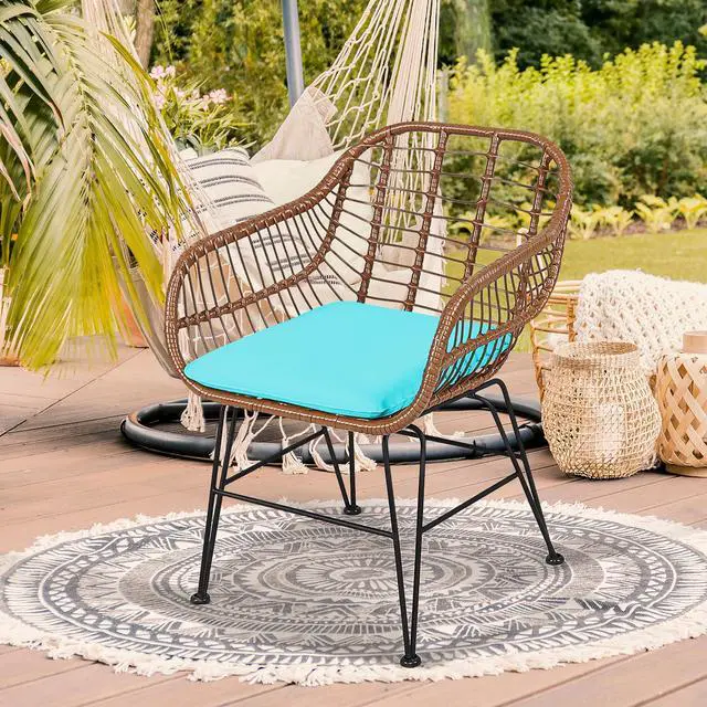 Alt view image 3 of 7 - Costway 3PCS Patio Rattan Bistro Set Table Armchair Garden Turquoise Cushion