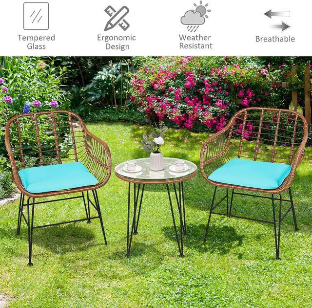 Alt view image 6 of 7 - Costway 3PCS Patio Rattan Bistro Set Table Armchair Garden Turquoise Cushion