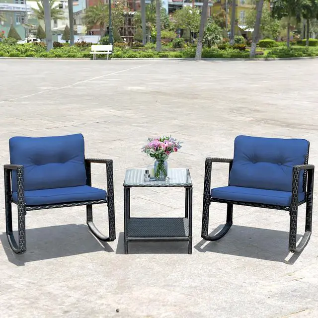 Alt view image 2 of 7 - Costway 3PCS Patio Rattan Furniture Set Rocking Chairs Cushioned Sofa Navy