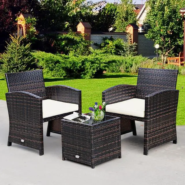 Main image of Costway 3PCS Patio Rattan Wicker Furniture Cushion Sofa Coffee Table White