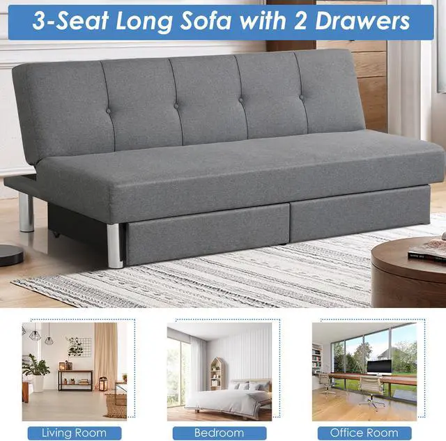 Alt view image 5 of 7 - Costway Convertible Futon Sofa Bed Adjustable Couch Sleeper w/ Two Drawers Grey