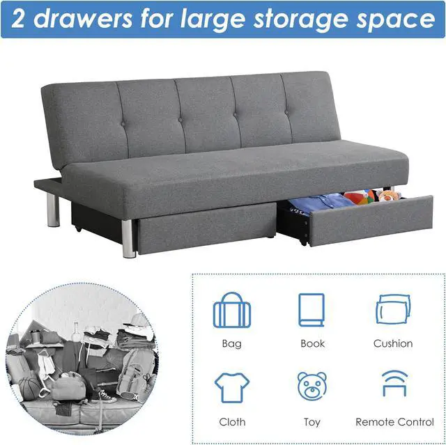 Alt view image 6 of 7 - Costway Convertible Futon Sofa Bed Adjustable Couch Sleeper w/ Two Drawers Grey